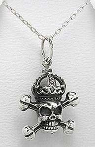 Silver Royal Skull Cross Bones Pendant Harley Necklace  