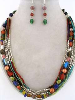 MULTI STRAND MULTI COLOR GLASS SEED BEAD NECKLACE SET  