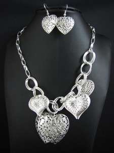 New In Silver Tone Heart Pendant Necklace Earrings Set MS1918  
