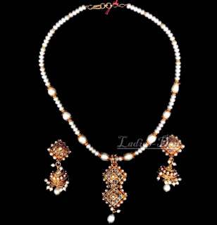 POLKI PEARL BEADS STRING PENDANT NECKLACE & EARRINGS SET INDIAN ETHNIC 