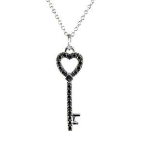 925 Silver Black Diamond Accent Heart Key Pendant Necklace 18 Inch