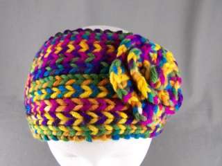 Bright multi color flower ear warmer muff knit head wrap hat headband 