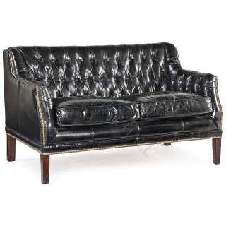 Distressed Black Leather Button Back Sofa Tufted  