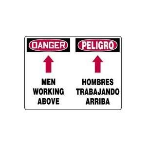 DANGER MEN WORKING ABOVE (ARROW) (BILINGUAL) 14 x 20 Aluminum Sign