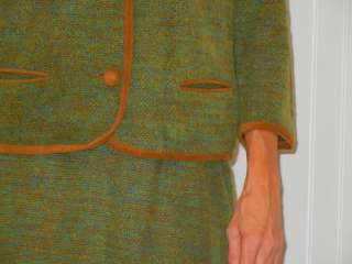 VTG 60s aqua camel wool tweed jacket skirt dress OUTFIT SUIT Koret CAL 
