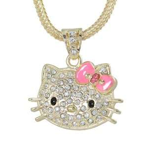   Kitty White Crystal Pink Bow Charm Pendant 24 Gold Tone Franco Chain
