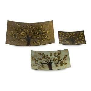 Set of 3 Glass Trays with Stylized Tree Design in Brown Tones 16.5 