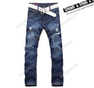 Korea New Mens Slim Fit Frayed Jeans Trousers Straight Casual 29~36 