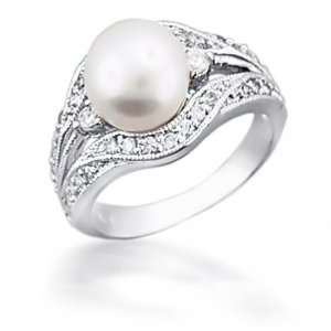   Jewelry Sterling Silver CZ Vintage Button Pearl Ring   8 Jewelry