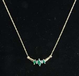   14K Gold Natural Emerald Diamond Chevron Pendant Chain Necklace  