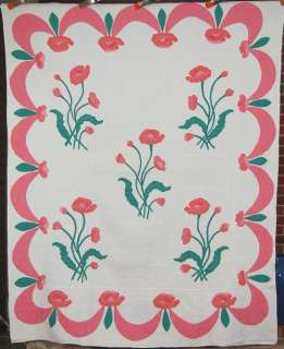   Hand Stitched Poppy Applique Antique Quilt ~Art Nouveau Design  