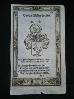 Huhn zu Elckershausen Wappen Heraldik KUPFER c1625  