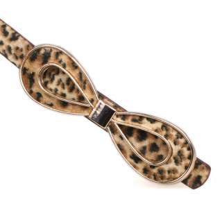 Women Leopard Faux Leather Gold GP Bow Narrow Waist Thin Skinny Belt 