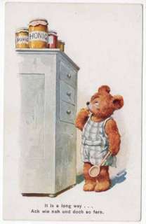 Postcard Dressed Teddy Bear Looking at Honey Jars  