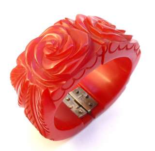 Vintage 1930s Thick & Chunky Heavily Carved Cherry Red BAKELITE Roses 