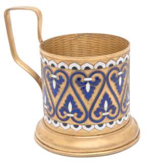 OLD RUSSIAN Soviet TEA GLASS Cup HOLDER Bronze Enamel  