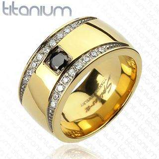 Titanium Luxury Mens Band w/IP Gold and Black CZ  
