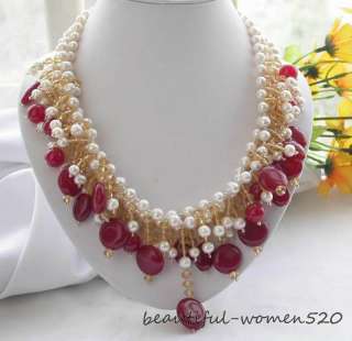 3row 8mm white round freshwater pearl red jade necklace  