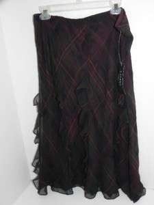 Ralph Lauren Multi Fnly Wine Plaid Silk Ruffle Skirt L  