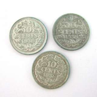 1938 NETHERLANDS 10 CENT LOT 3 COIN ORIGINAL PATINA  