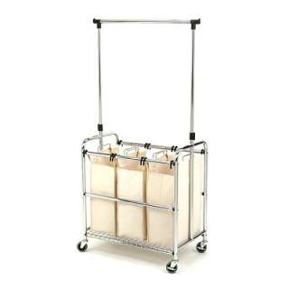 Seville Classics SHE16165 3 Bag Laundry Sorter Cart With Hanging Bar 
