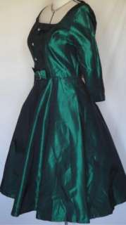 Dazzling Vintage Emerald Green Taffeta Party Dress Rhinestone Buttons 