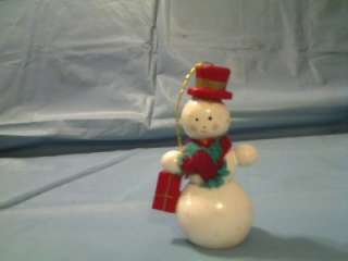 VINTAGE WOOD WOODEN SNOWMAN WITH RED HAT ORNAMENT  
