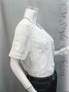 Sequined Embroidery Shrug Glam Bolero Top White M  