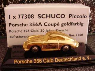 Schuco Piccolo PORSCHE 356A Coupé gold 50Jahre Porsche Holzsockel in 