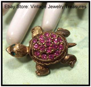 Vintage Pink Rhinestone Gold Tone Petite Turtle Pin  