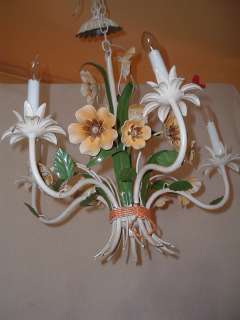 Vintage Tole Flower Chandelier Metal Colorful 5 Candle  