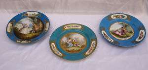 MAGNIFICENT 3P 19C FRENCH SEVRES HAND PAINTED PLATES  