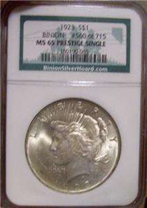 1923 Silver Peace Dollar NGC MS 65 Binion Hoard Collection Antique US 
