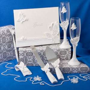 NWT White Butterfly Themed 6 Piece Wedding Accessory Set  