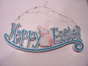 WOOD HAPPY EASTER BUNNY RABBIT SIGN DECORATION SPRING  