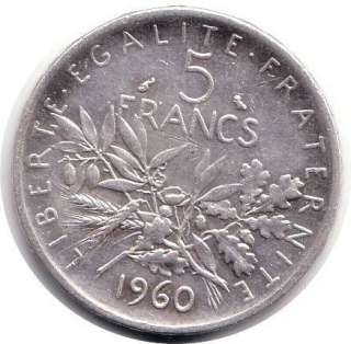   5 Francs Semeuse Argent 1960 Roty Qualité TTB+ Top