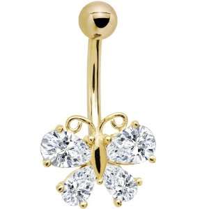    Solid 14k Yellow Gold Cubic Zirconia Butterfly Belly Ring Jewelry