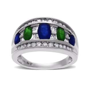 com Sapphire, Emerald and 1/2 ct Round and Baguette Cut Diamond Ring 