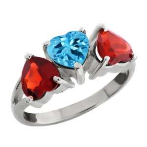   80 Ct Heart Shape Swiss Blue Topaz and Red Garnet 18k White Gold Ring