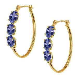   70 Ct Oval Blue Tanzanite 14K Yellow Gold 4 prong Hoop Earrings 6x4mm