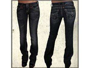   Fleur Embroidered Womens Flap Pocket Straight Jeans in Black Wash