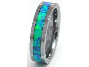   Opal Tungsten Carbide Ring with Blue and Slight Green Flash Inlays