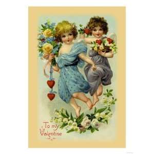  Two Angel Girls with Flowers Giclee Poster Print, 24x32 