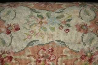 ADORABLE Antique Vtg Petite French Floral Needlepoint Carved Footstool 