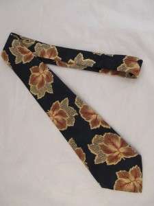 Pierre Cardin Black Gold Leaves Flower Silk Tie Necktie  