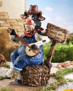 Banjo Playing Country Cow Yard Statue with Watch your step Sign ~NEW 