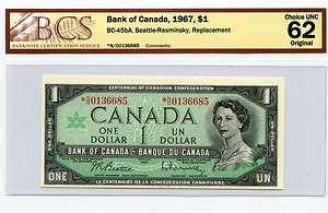 1967 Bank of Canada $1 Note BCS Graded UNC62 Beattie Rasminsky *N 