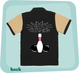 Black/Camel Tan 2 tone retro bowling shirt SPLIT HAPPENS w/Pinsplash 