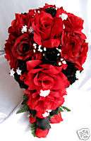 21pc Bridal bouquet wedding flower BLACK/RED bouquets  