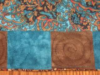   Quilted Table Dresser Runner Teal brown Floral Flowers Hand pieced